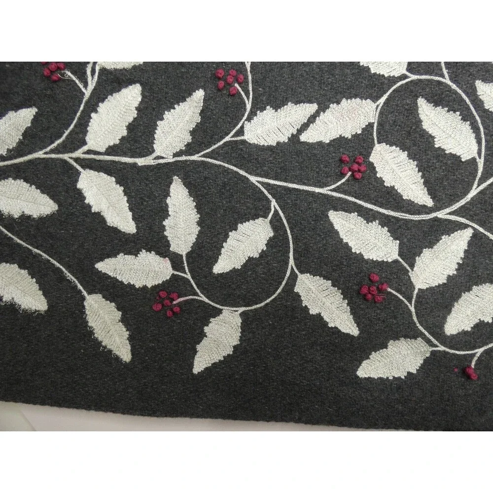 Nicole Miller Home Wool Blend Table Runner Grey Leaf Berry Embroidered 69